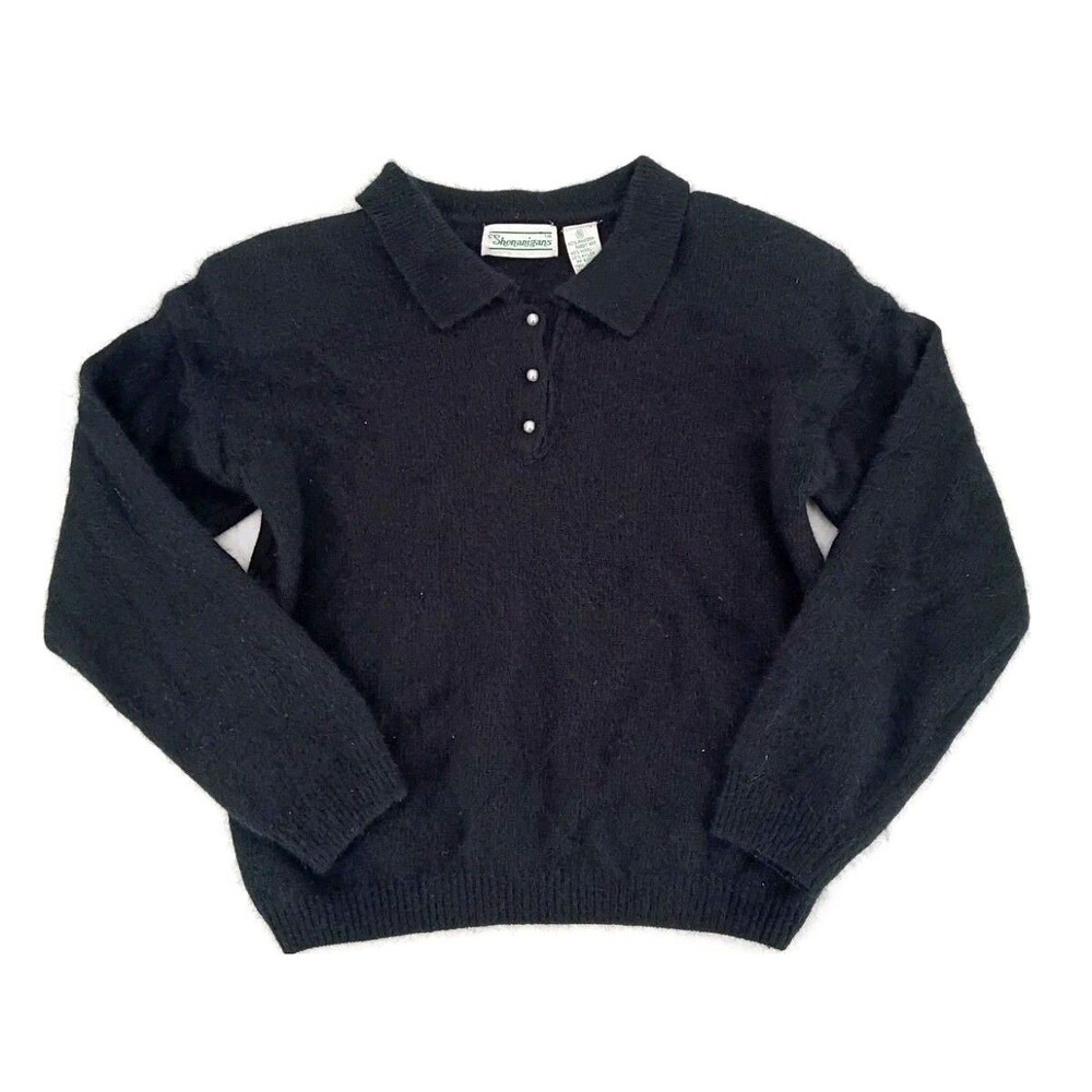 VTG Shenanigans Angora Rabbit Hair Nylon Collared Sweater Black S Fuzzy Soft
